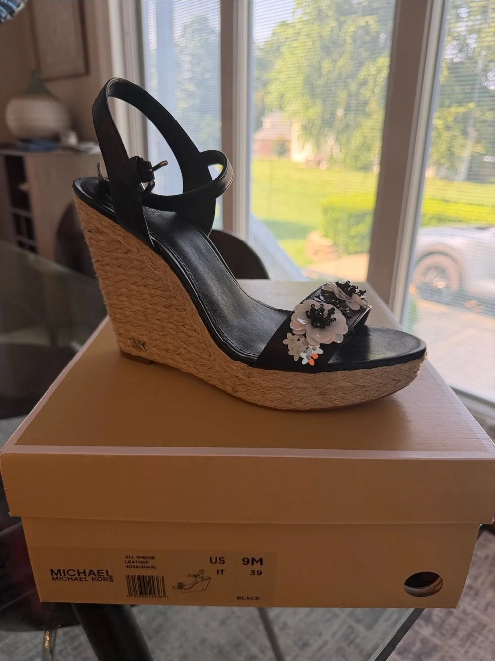 Michael Kors Black Espadrille Wedge Sandals with Floral Appliqués